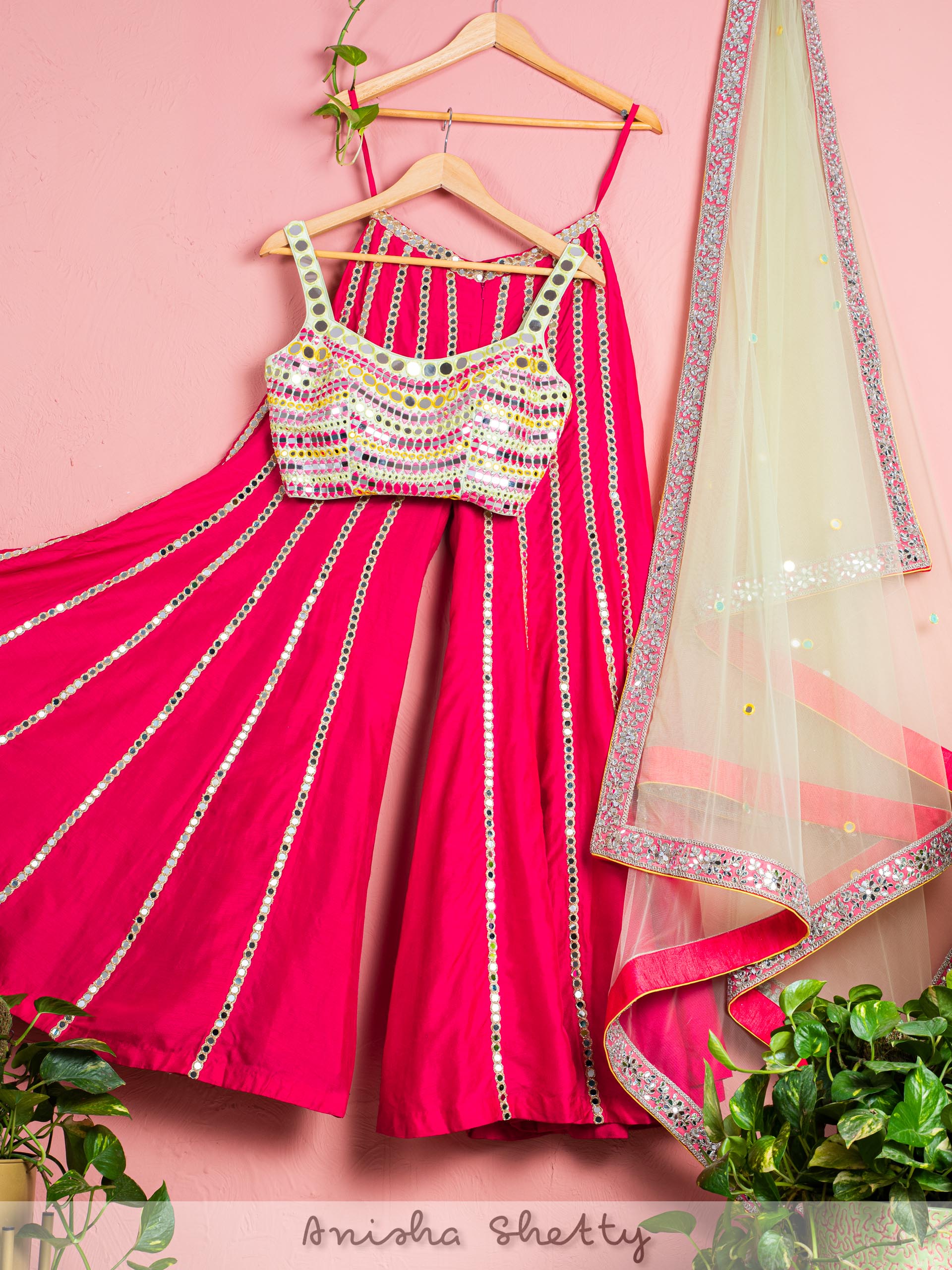 Hot Pink Mirror Sharara Set With Green Chantily Mirror Blouse image 0