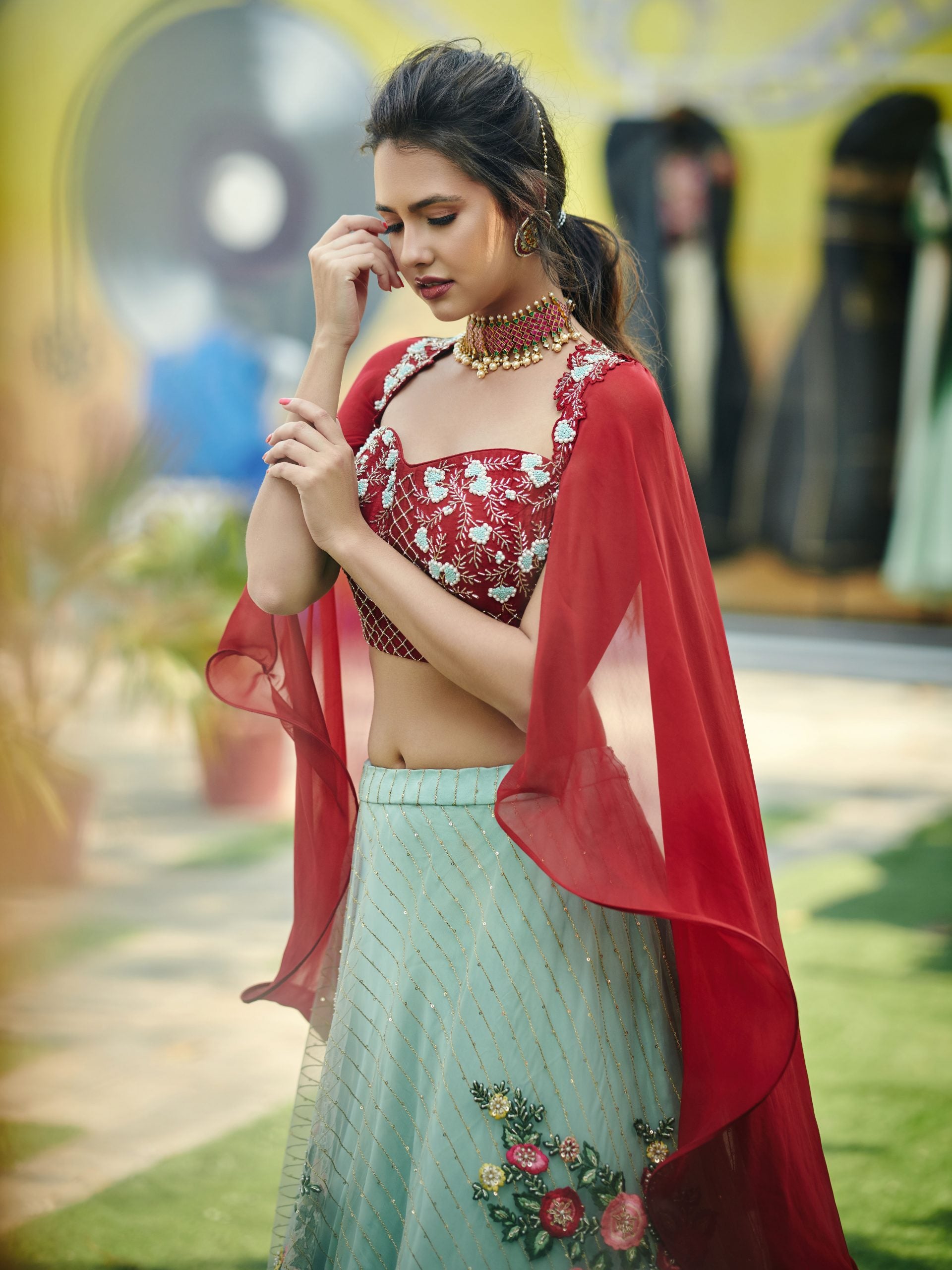 Scarlet Red and Green Lehenga image 1