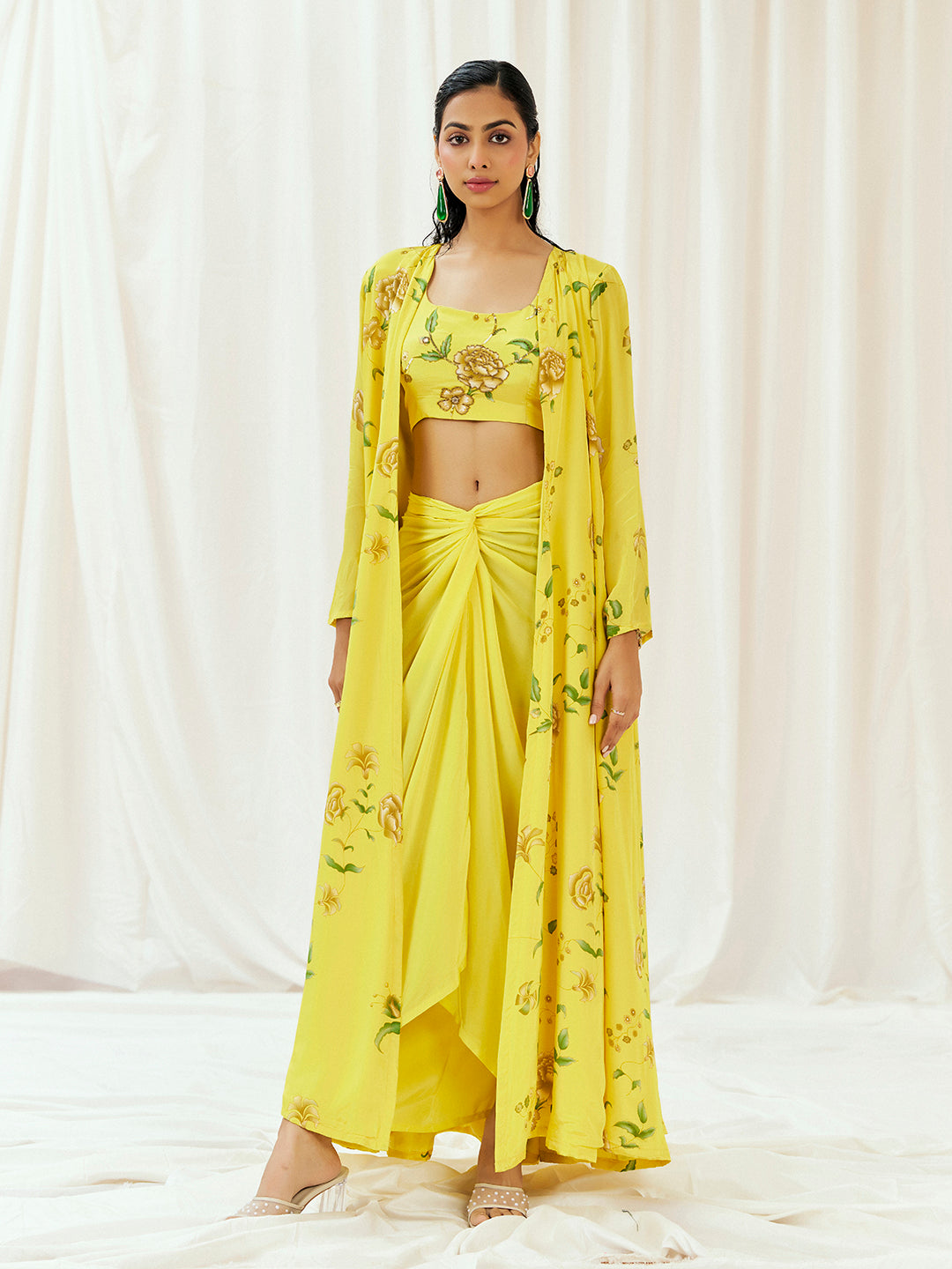 Bright Yellow Printed Embroidered Drape Skirt Set with Jacket image 2