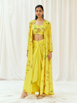 Bright Yellow Printed Embroidered Drape Skirt Set with Jacket image 2