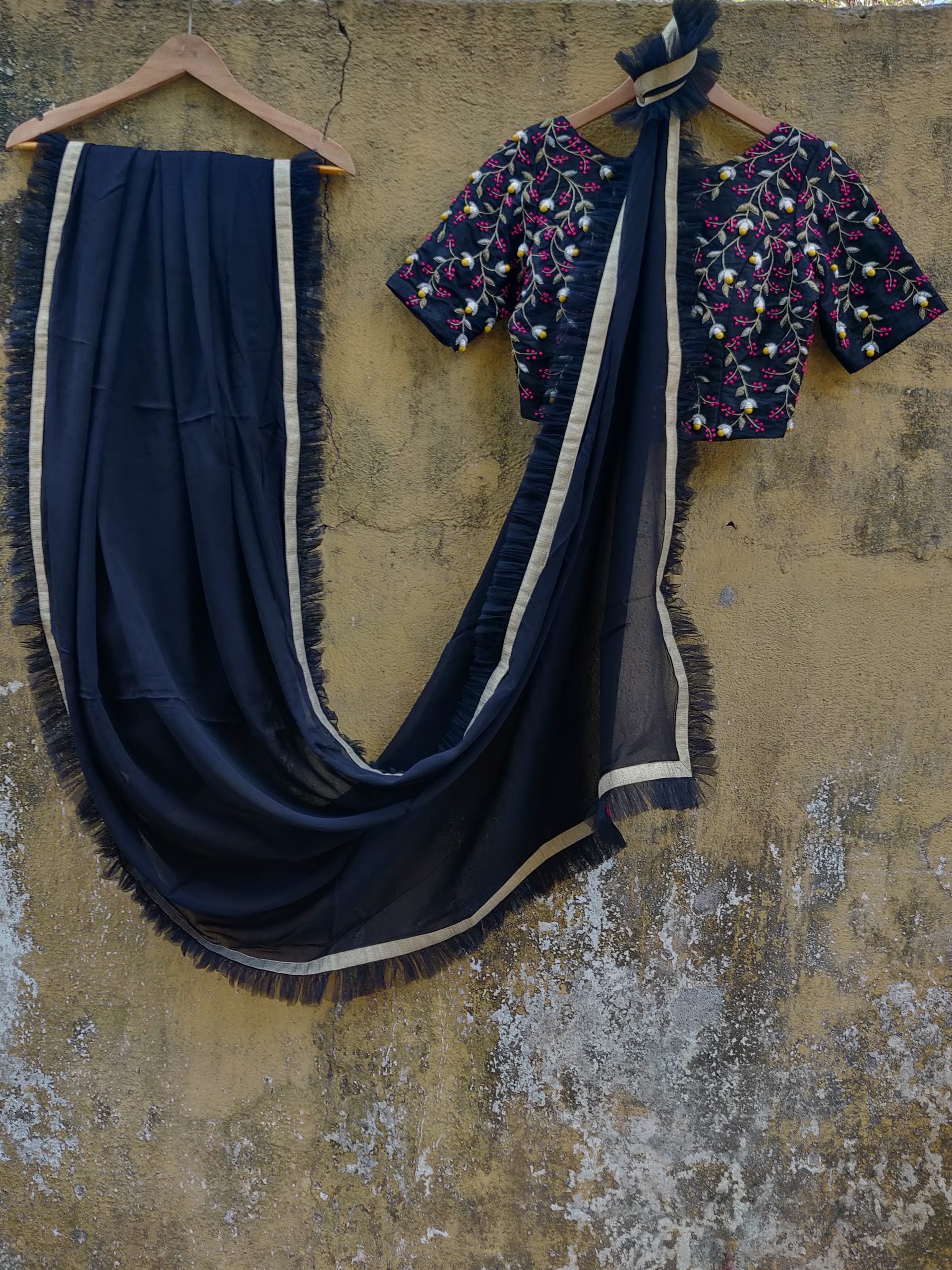Black Ruffle Sari with Black Embroidered Blouse - XS image