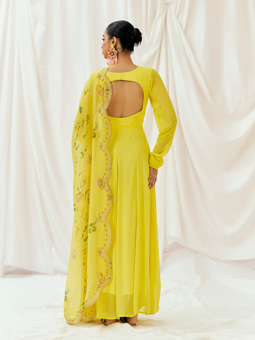 Bright Yellow Printed Embroidered Anarkali Set with Dupatta image 3
