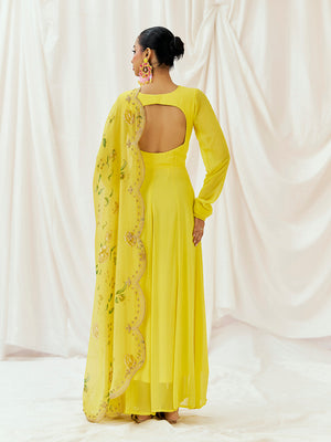 Bright Yellow Printed Embroidered Anarkali Set with Dupatta image 3