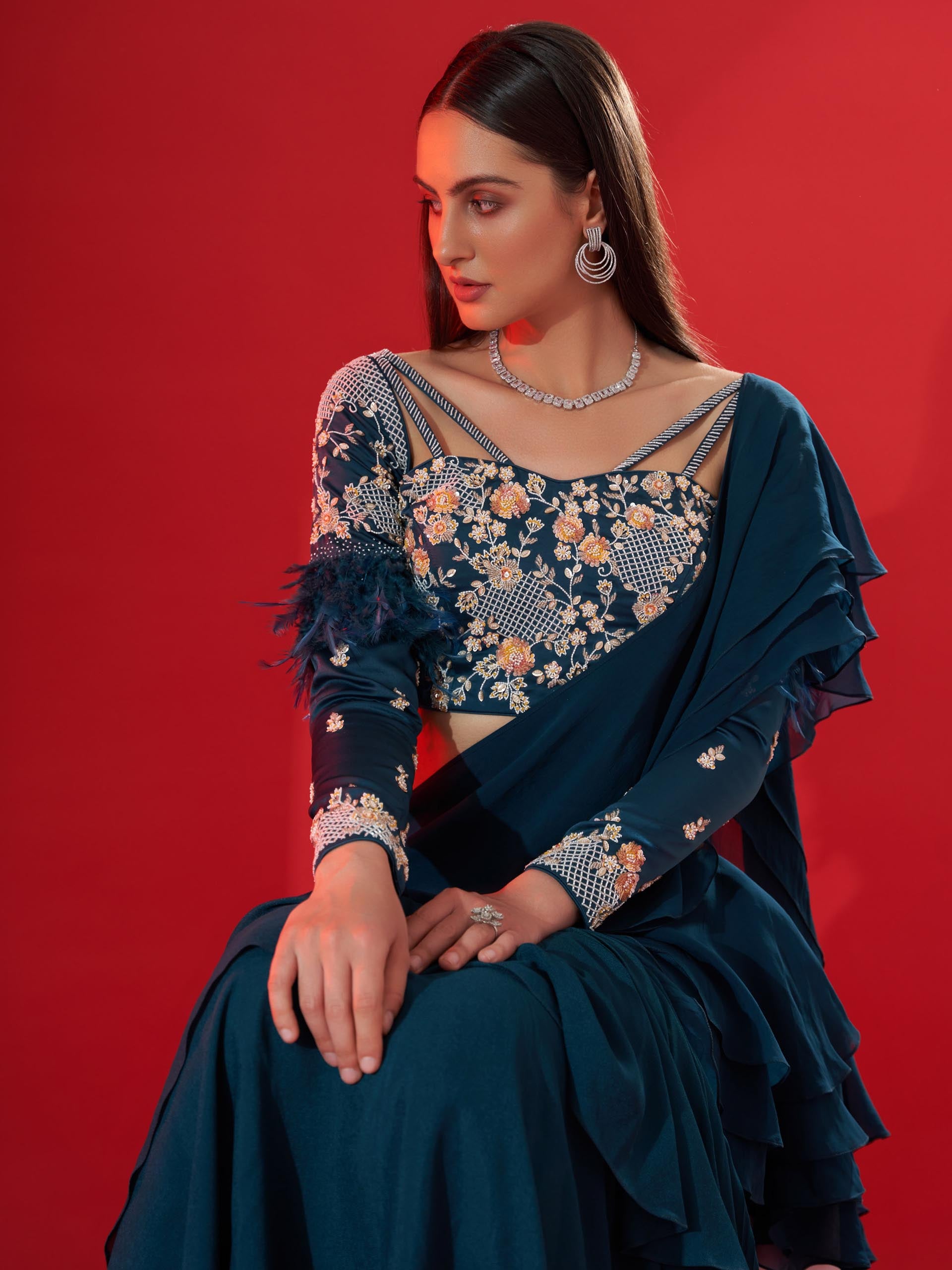 Teal Blue Pre Draped Ruffle Saree Set image 2