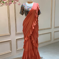 Coral Ruffle Saree With Blue Blouse image 0
