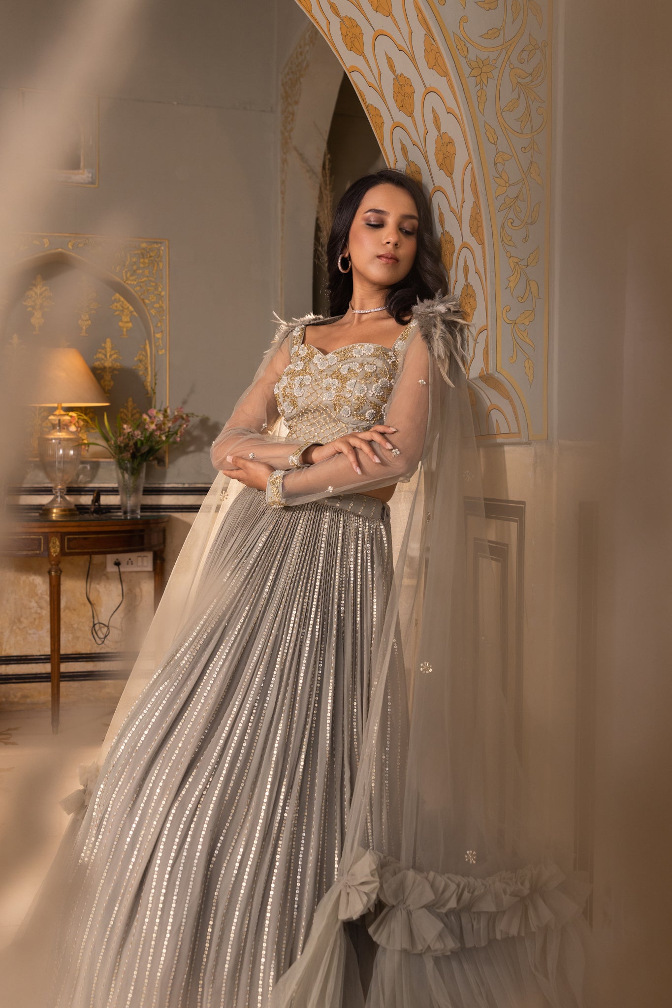 Grey Georgette Sequins Embroidered Blouse Lehenga Set - M image