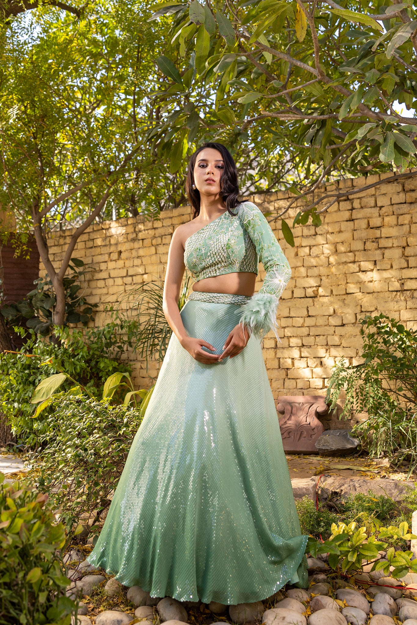 Green Georgette Crepe Embellished Lehenga Set image 7