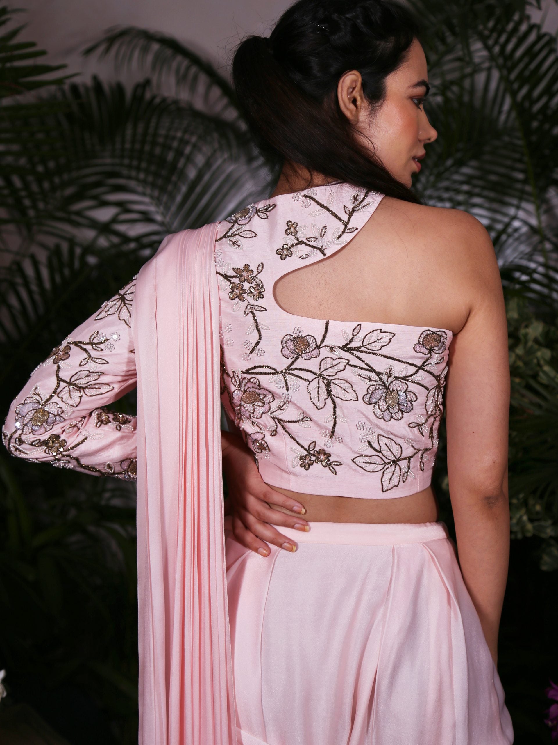Pre-Draped Pink Saree with In-Cut Shoulder Blouse image 1