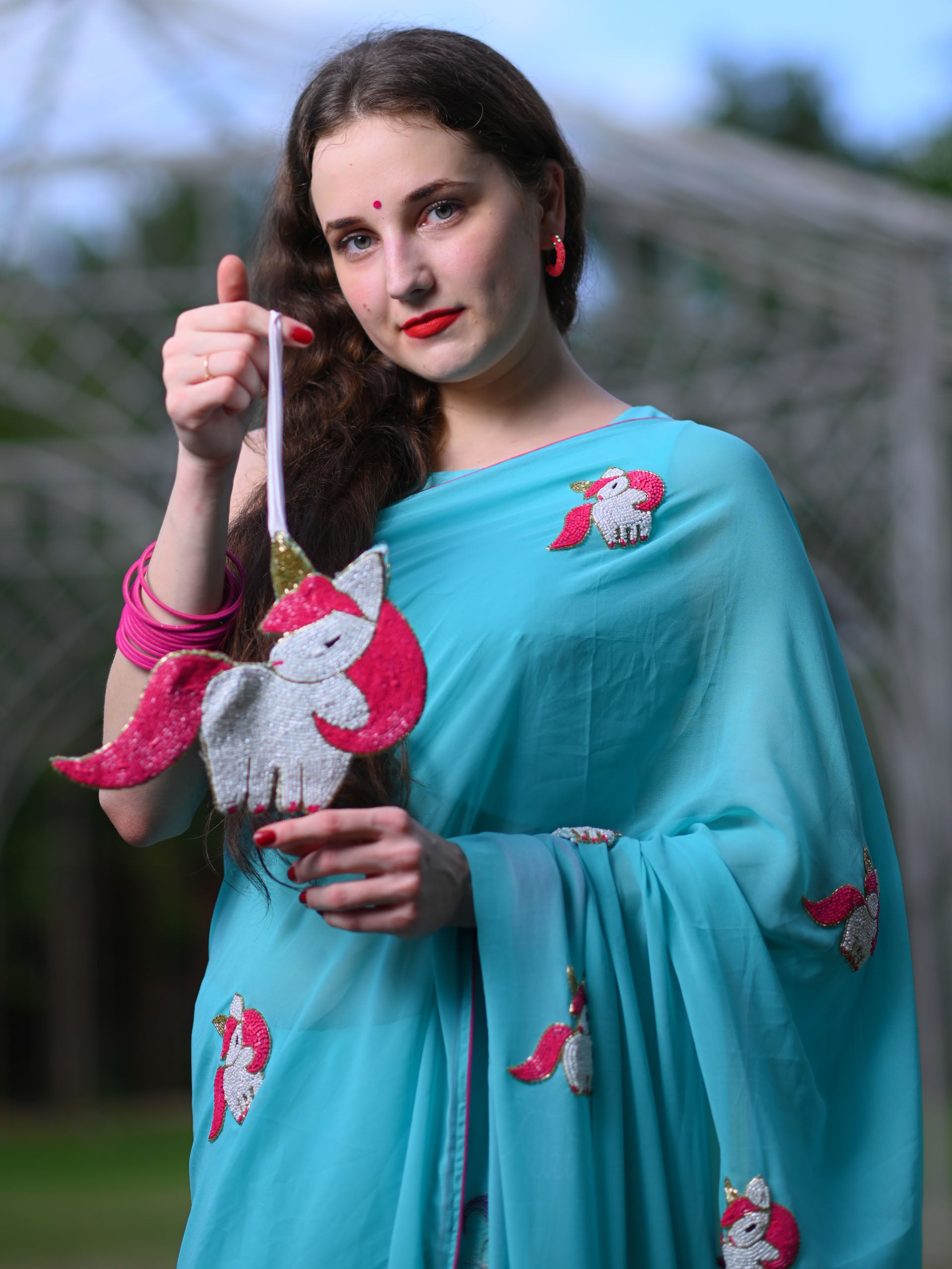 Turquoise Blue Unicorn Saree Set image 1