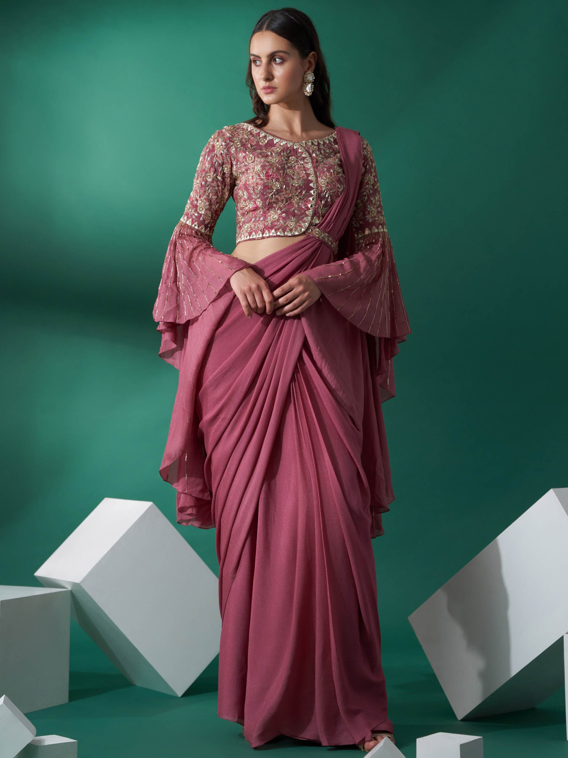 Mauve Pre Draped Sequin Saree Set - S image