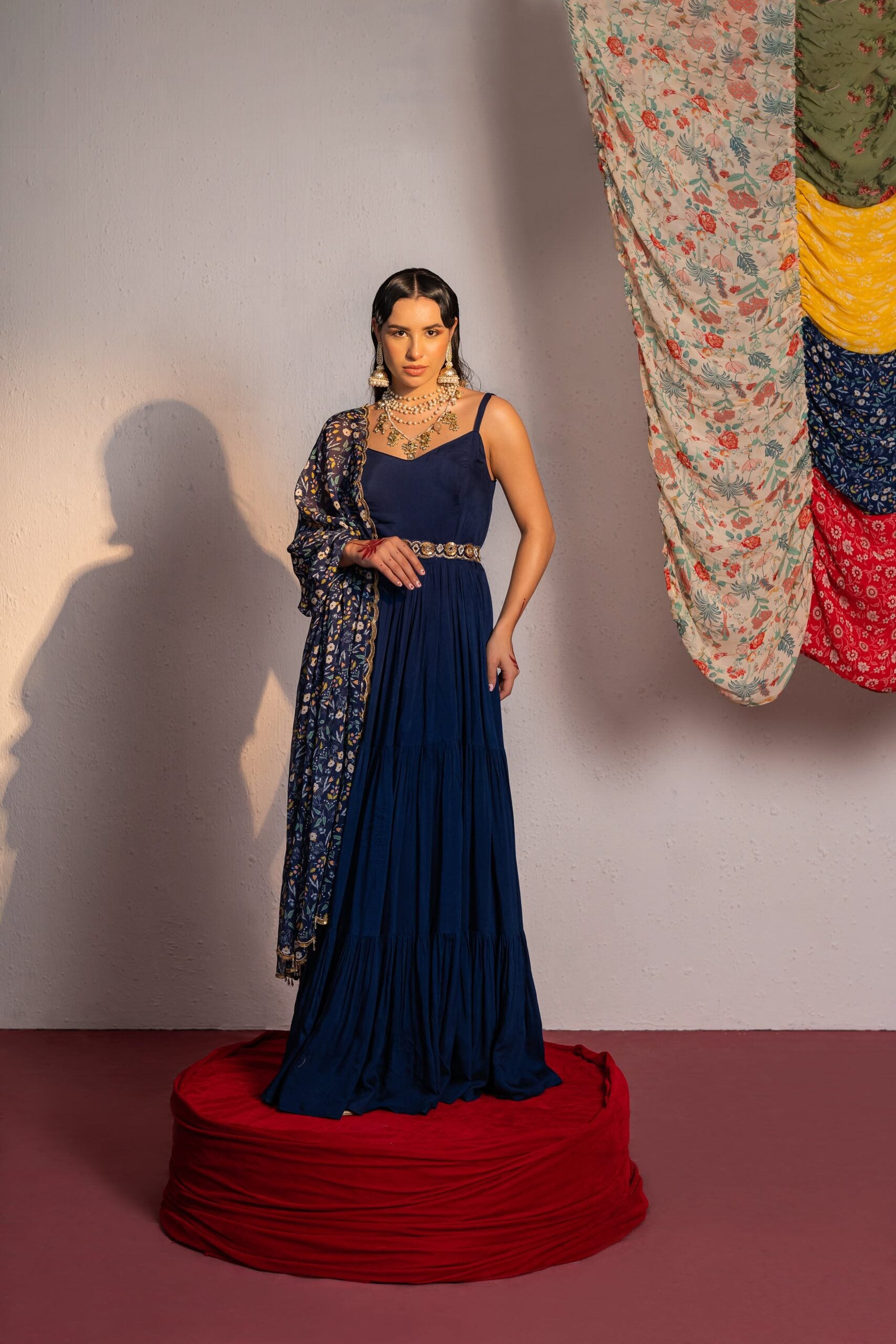 Royal Blue Printed And Embroidered Anarkali Suit Set image 0