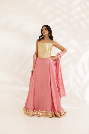 Coral Peach Crepe Lehenga With Gotta Corset - XL image