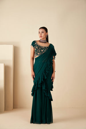 Green Georgette Crepe Ruffle Pant Saree - M image