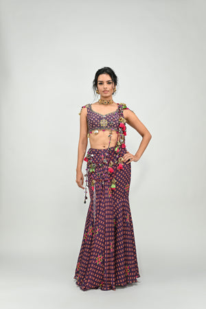 Plum Pre Stitched Tassel Saree Paired with Badla Highlighted Blouse image 1
