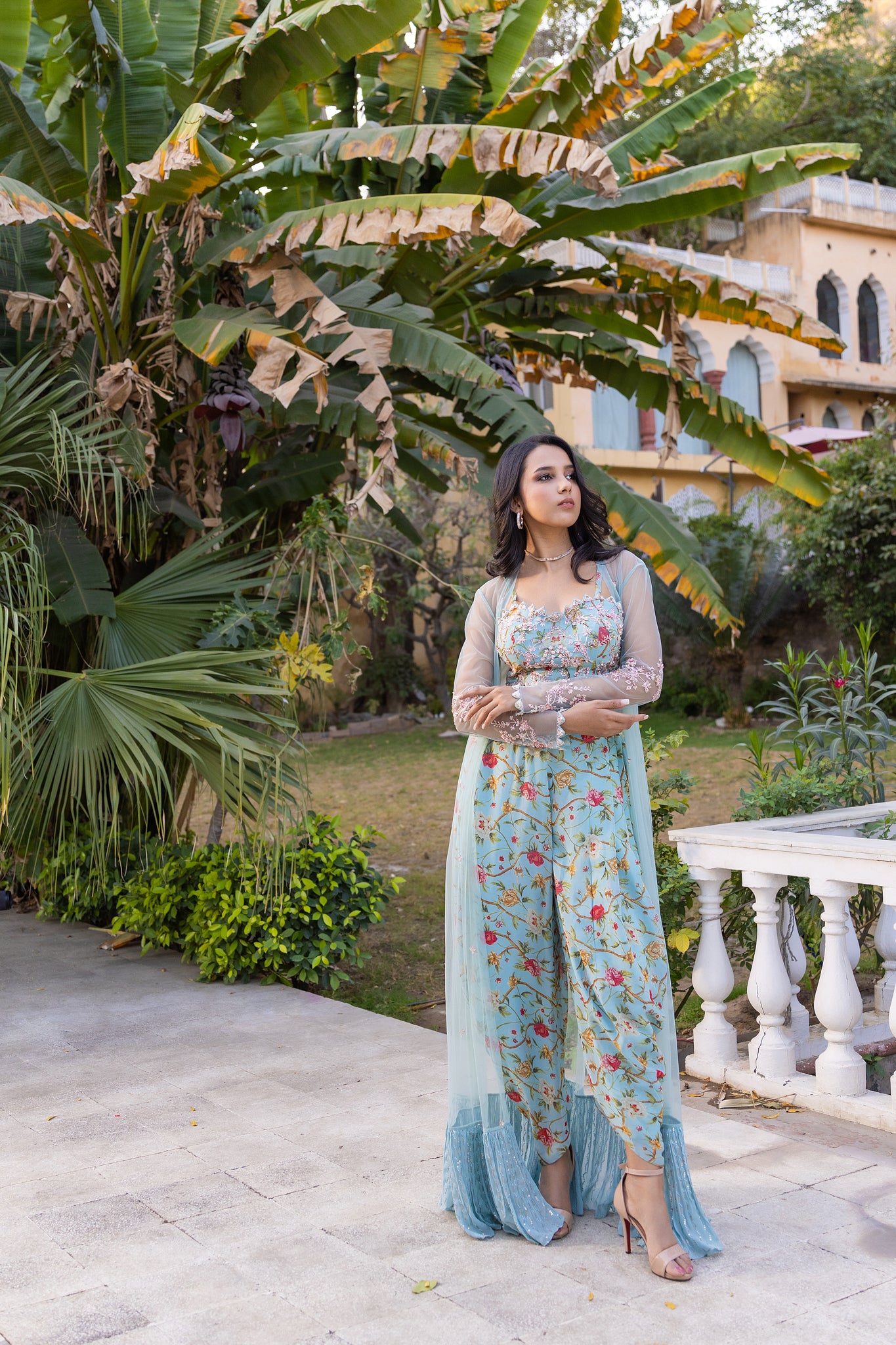 Light Blue Floral Georgette Hand Embroidered Jacket Set - L image