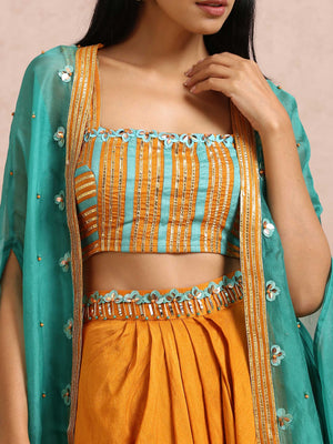 Rust Orange Dhoti Skirt Set with Teal Cape image 1