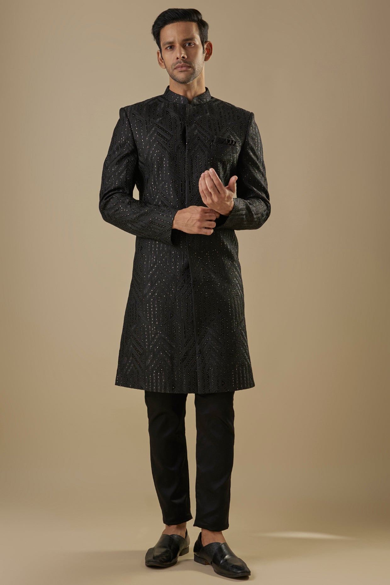 Black Geometric Embroidered Sherwani Set image 0