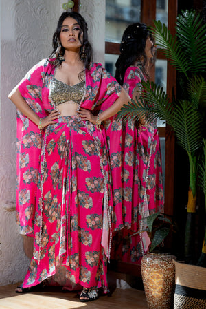 Fuchsia Pink Floral Draped Skirt and Cape Set image 2