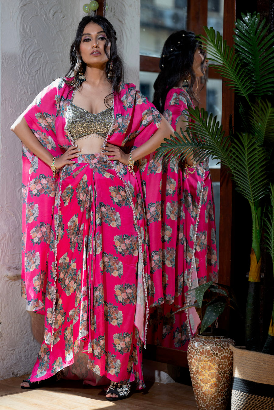 Fuchsia Pink Floral Draped Skirt and Cape Set image 2