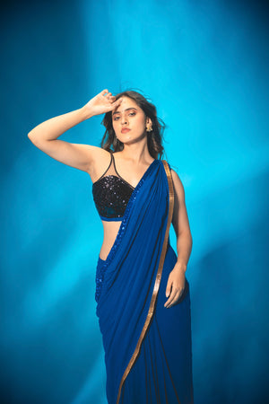 Blue Pre Stitched Saree With Black Sequin Blouse image 3