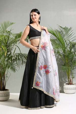 Black Raw Silk Lehenga Set With Hand Painted Dupatta image 2