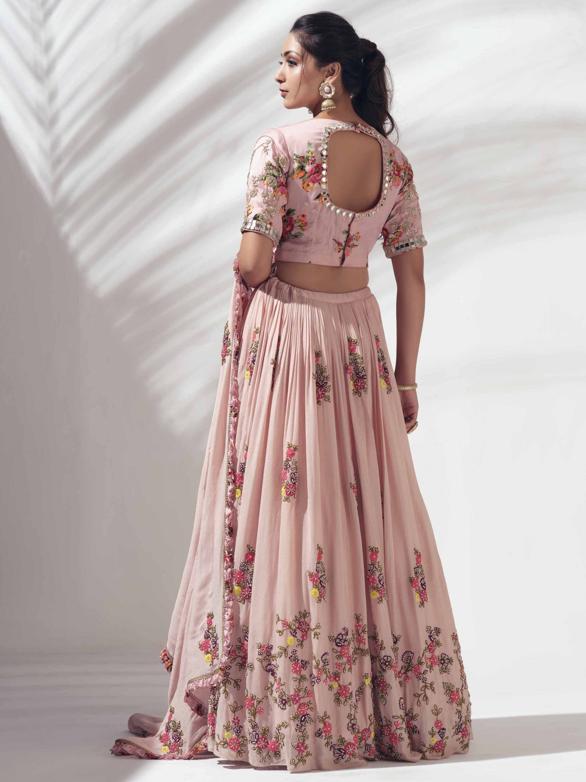Pink Floral Lehenga with Mirror Work Blouse image 1