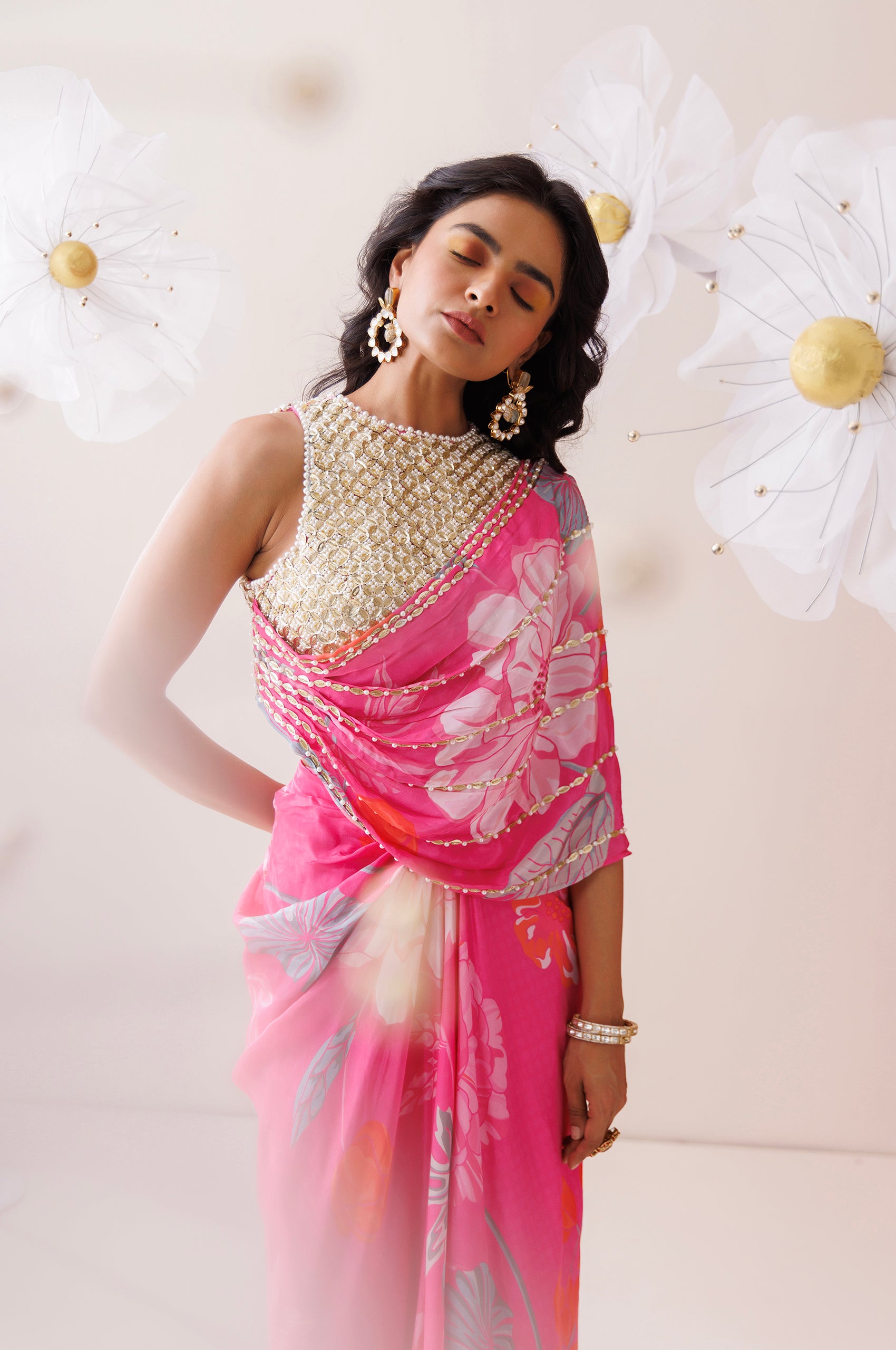 Pink and Golden Saree Style Co-ord Set image 3