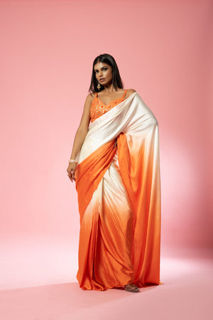 Ivory And Orange Georgette Embroidered Saree - S image