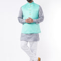 Turquoise Bundi Jacket With Grey Kurta Set image 0