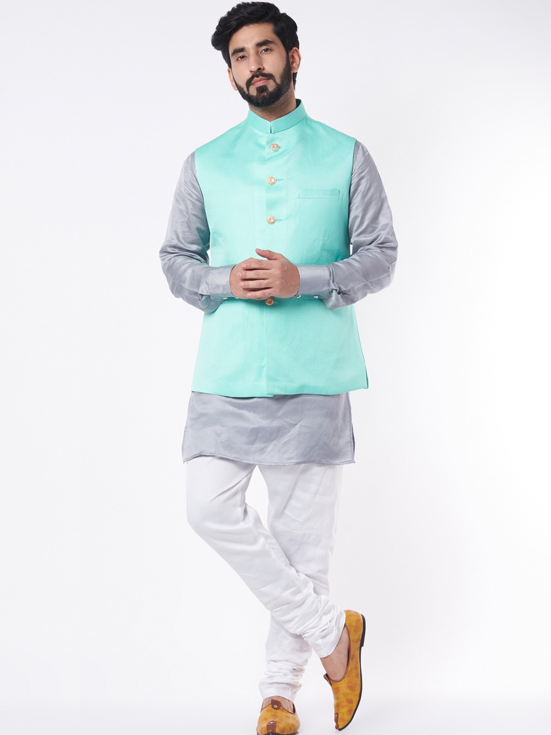 Turquoise Bundi Jacket With Grey Kurta Set image 0
