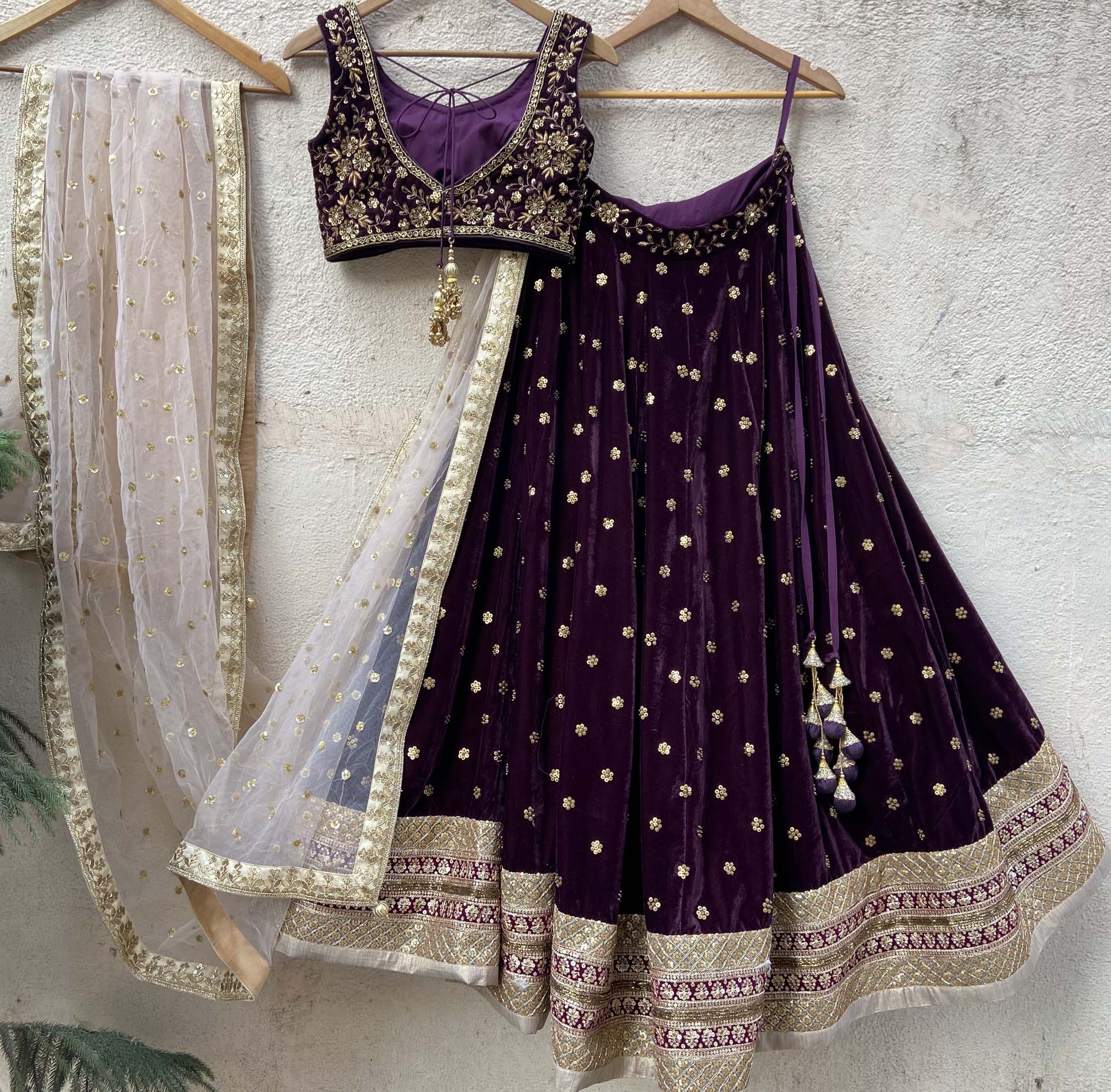 Wine Velvet Lehenga Set image 1