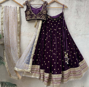 Wine Velvet Lehenga Set image 1