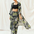 Black Printed Embroidered Jacket Pants Co-od Set with Blouse image 0
