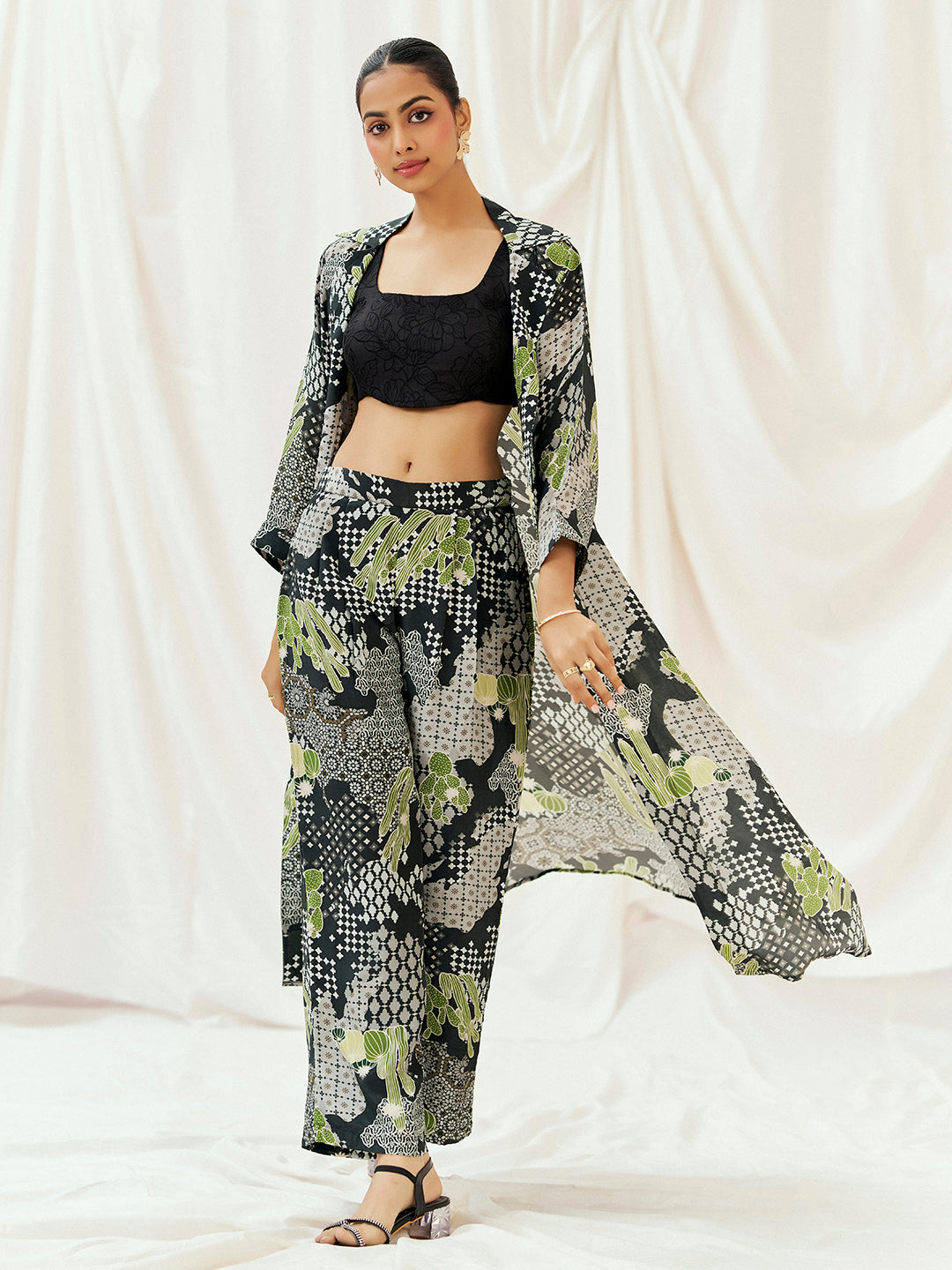 Black Printed Embroidered Jacket Pants Co-od Set with Blouse image 0