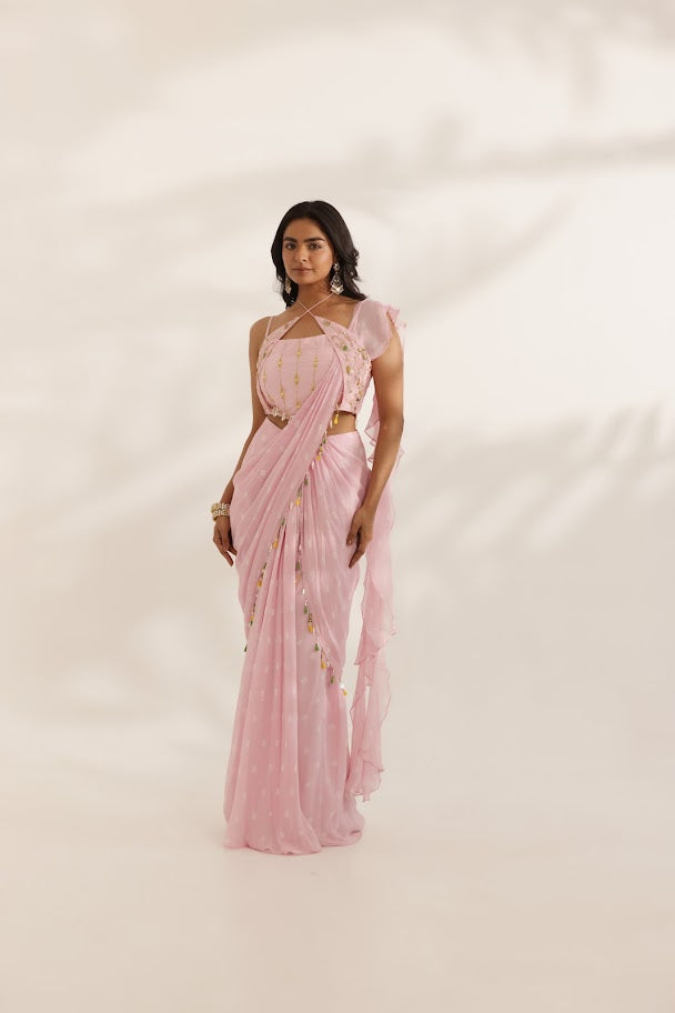 Pastel Pink Bandhani Drape Saree - M image
