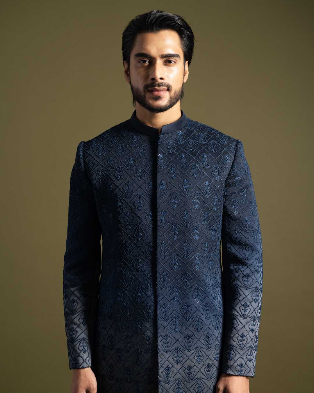 Grey Gradient Achkan Kurta Set image 4