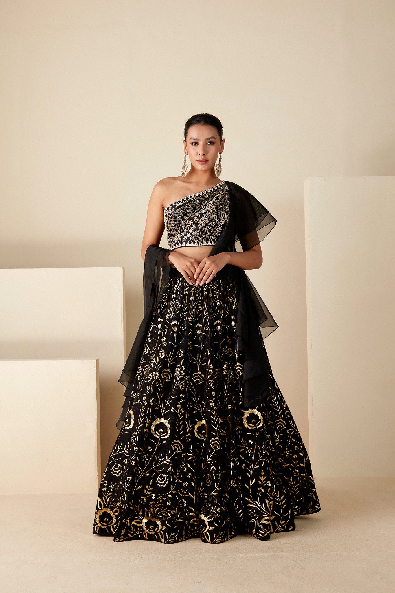 Black Georgette One Shoulder Lehenga Set - M image