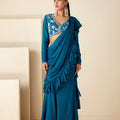Teal Blue Ruffle Pant Saree image 0