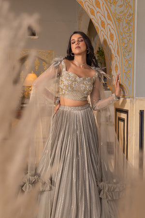 Grey Georgette Sequins Embroidered Blouse Lehenga Set image 5