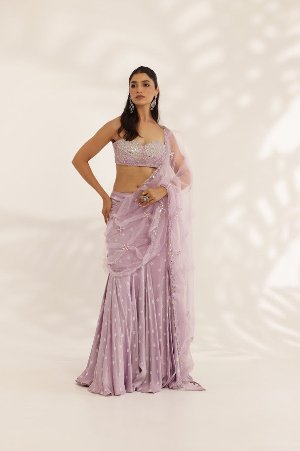 Lavender Bandhani Lehenga With Net Pallu image 7