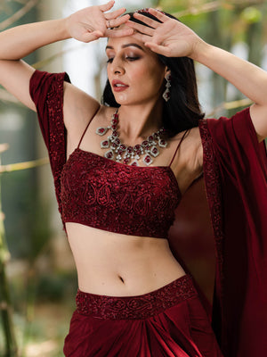 Maroon Aarna Drape Skirt Set with Cape image 2