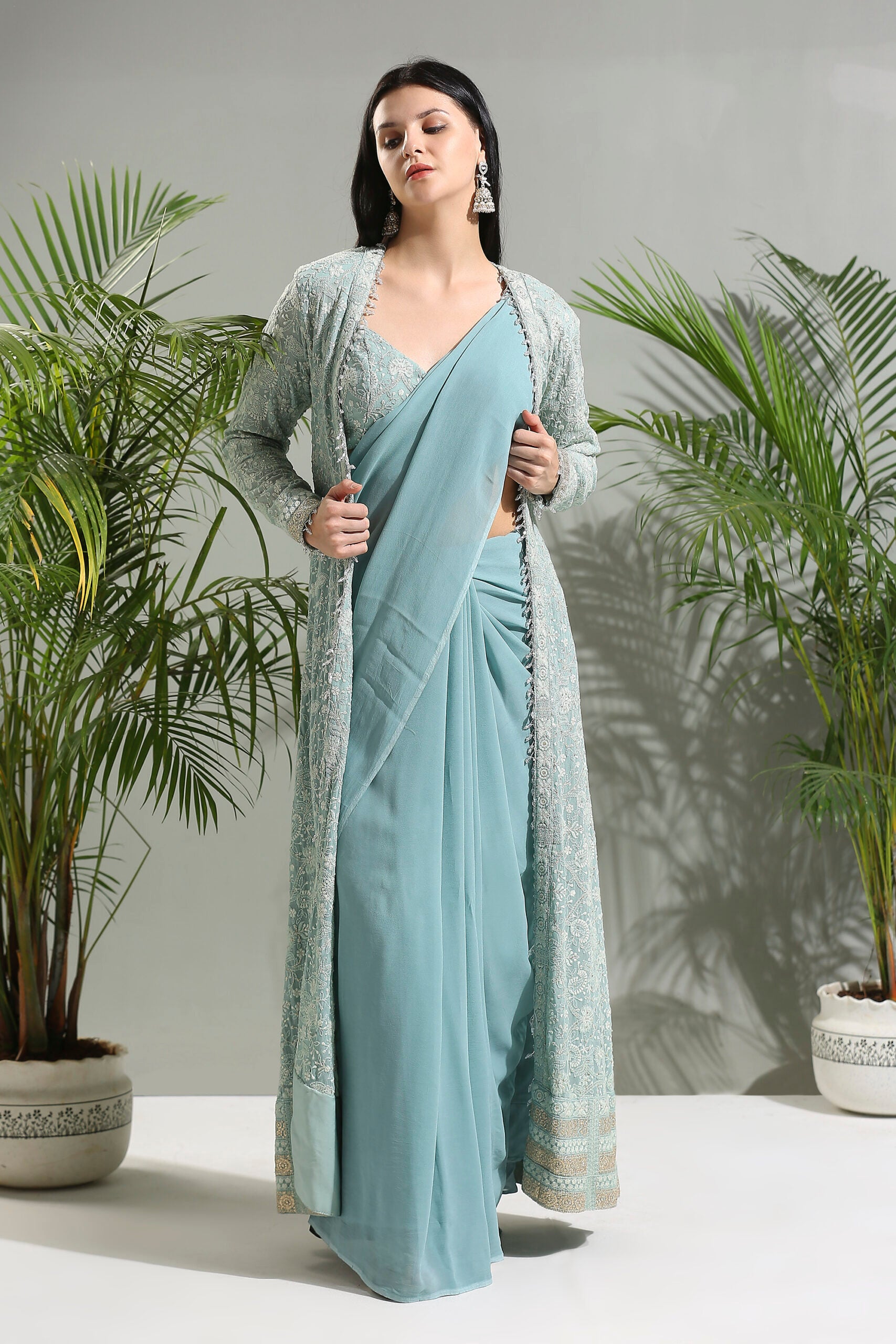 Dusty Blue Jacket and Saree Set image 1