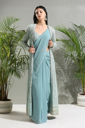Dusty Blue Jacket and Saree Set image 1