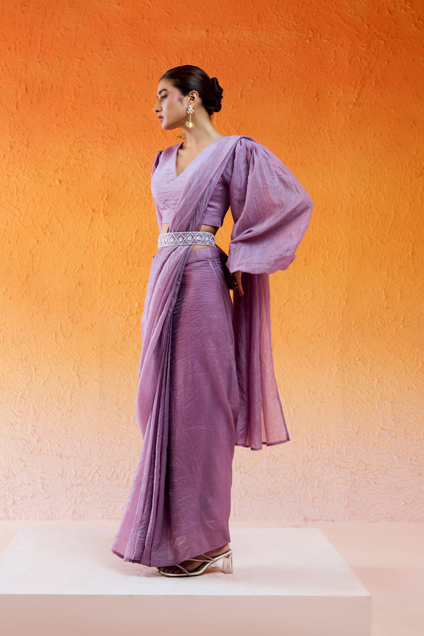 Lavender Embroidered Drape Saree Set with Belt image 2