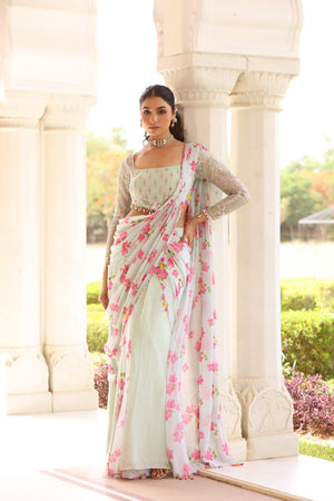 Floral Printed Pre-Drape Saree image 6
