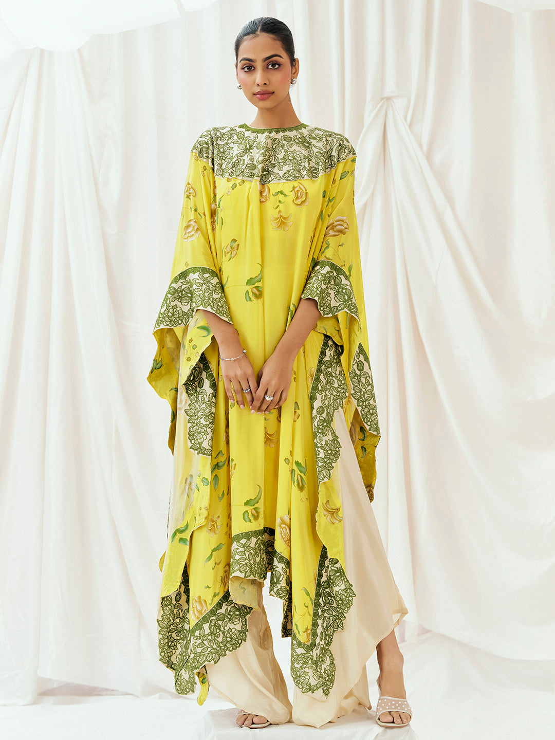 Bright Yellow Printed Embroidered Kaftan Set image 0