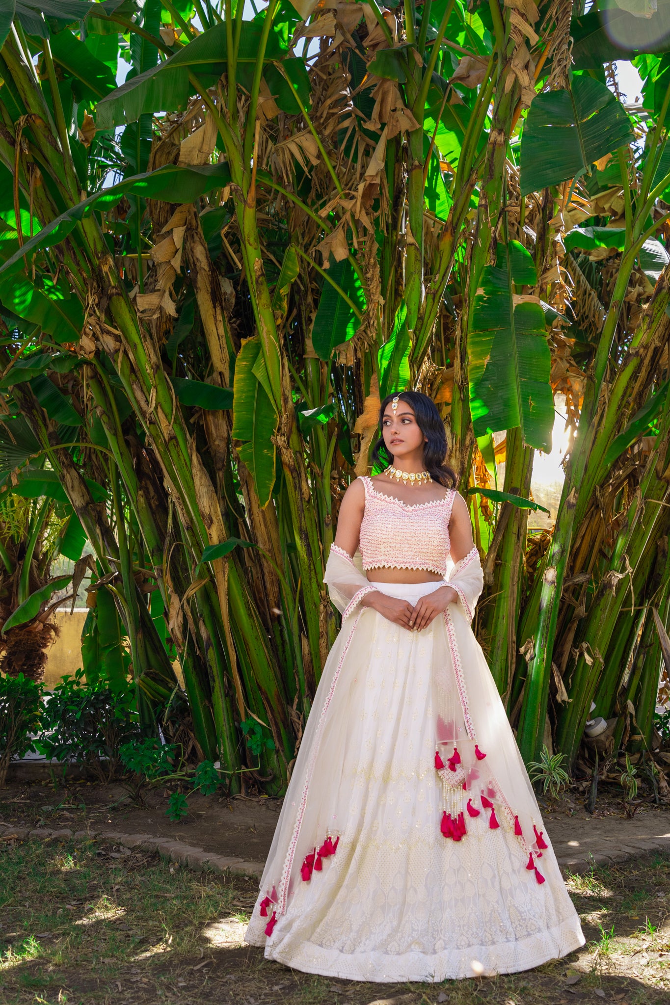 White &amp; Pink Georgette Thread Embroidered Lehenga Set - XL image