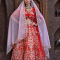 Red Peacock Embroidered Bridal Lehenga Set image 0