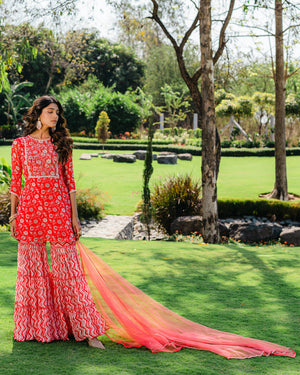 Cherry Red Floral Printed Sharara Set image 6