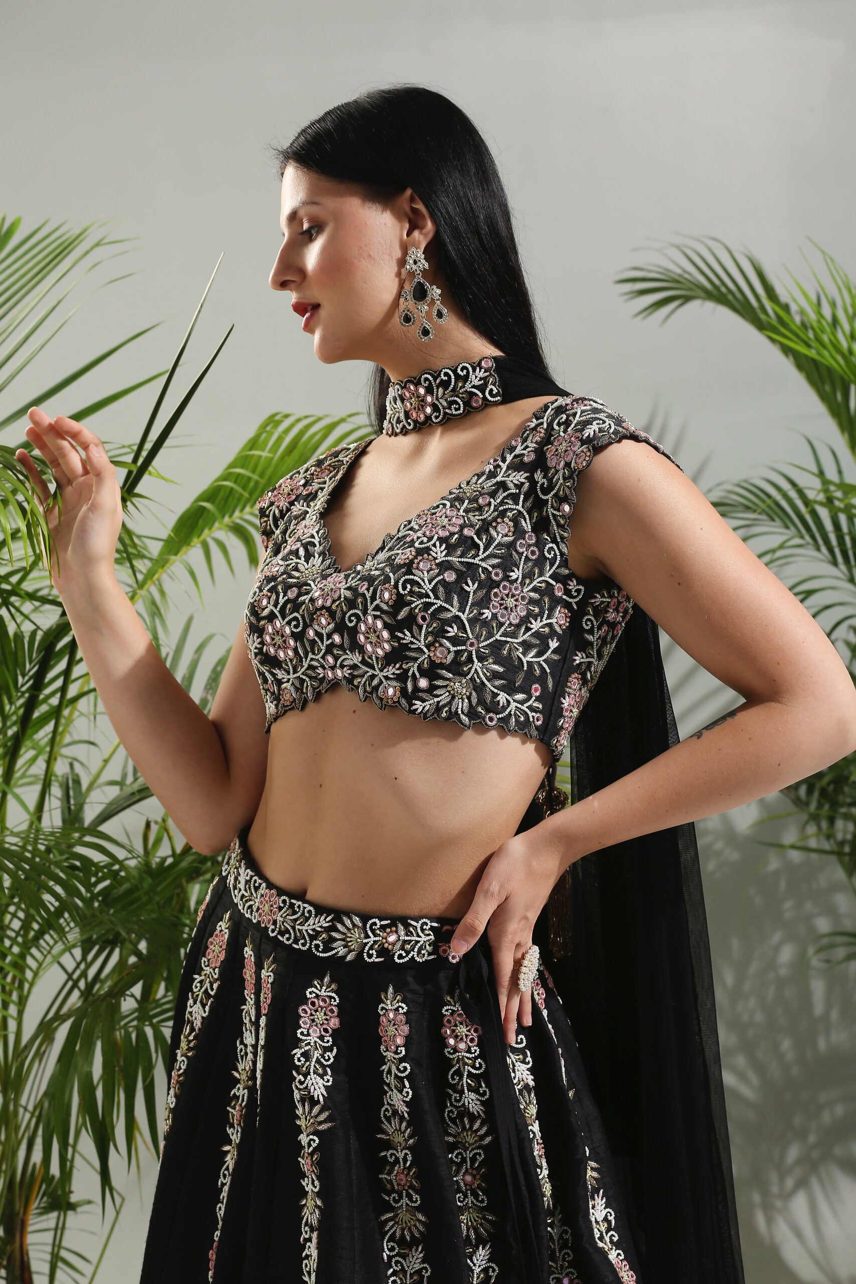 Black Thread and Mirror Hand Embroidered Lehenga Set image 3